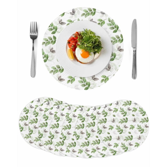 Green Botanical Fall Round 13 Inch Placemats Set of 8, Pastoral Maple Leaf Autumn HeatResistant Non Slip Place Mats for Dining Table, Wipeable Braided Kitchen Table Mats for Housewarming