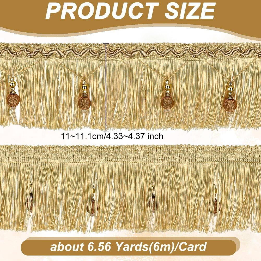 6m/6.6 Yards Hanging Beads Fringe Trim 4.4 Inch Wide Beaded Tassel Lace Gold Bead Fringe Ribbon Hanging Ball Fringe Trim Ribbon for DIY Crafts Clothing Curtain Table Home Decor Gold