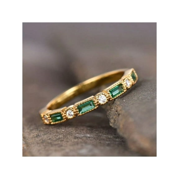 925 Silver Lab Emerald Wedding Band,Yellow Gold plated Ring,Baguette Emerald CZ Ring,Vintage Delicate Stacking Ring,Anniversary Ring Women
