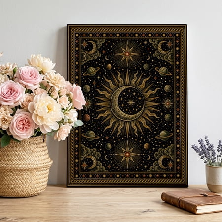 Crescent Moon Sunburst Canvas Wall Art Vintage Mystical Galaxy Gold Planet Star Pictures Wall Decor Wooden Framed Artwork Art Prints for Living Room Hallway Bedroom Office 12 x18