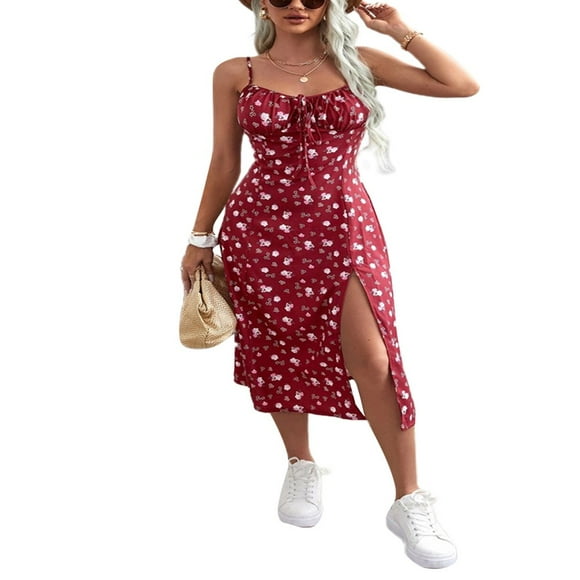 Women Summer Floral Dress Sleeveless Frilly Suspender Party Summer Ladies Short Sleeve V-neck Split Dress