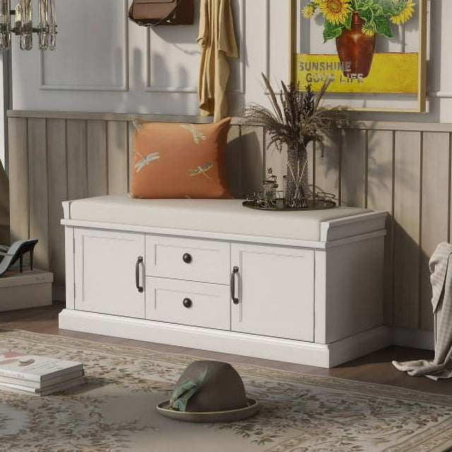 Banc de Rangement avec 4 Portes et Tablettes Ajustables, Banc de Rangement pour Chaussures pour Entrée, Salon, Vestiaire (Blanc)