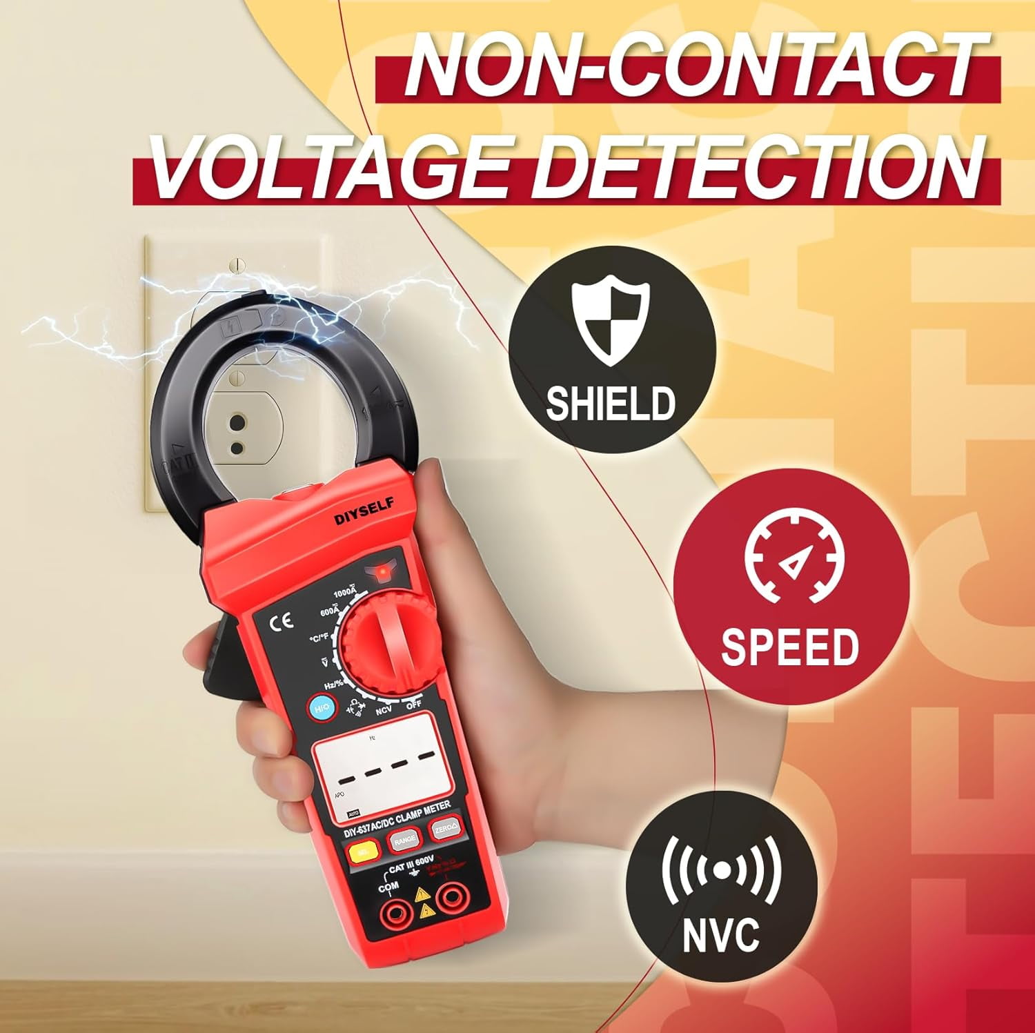DIYSELF Digital Clamp Meter – 600A AC/DC, 6000 Counts, Auto-Ranging Multimeter with Non-Contact Voltage, Backlit Display, Temperature Test, Diode & Continuity, CAT III 600V, Clamp Multimeter