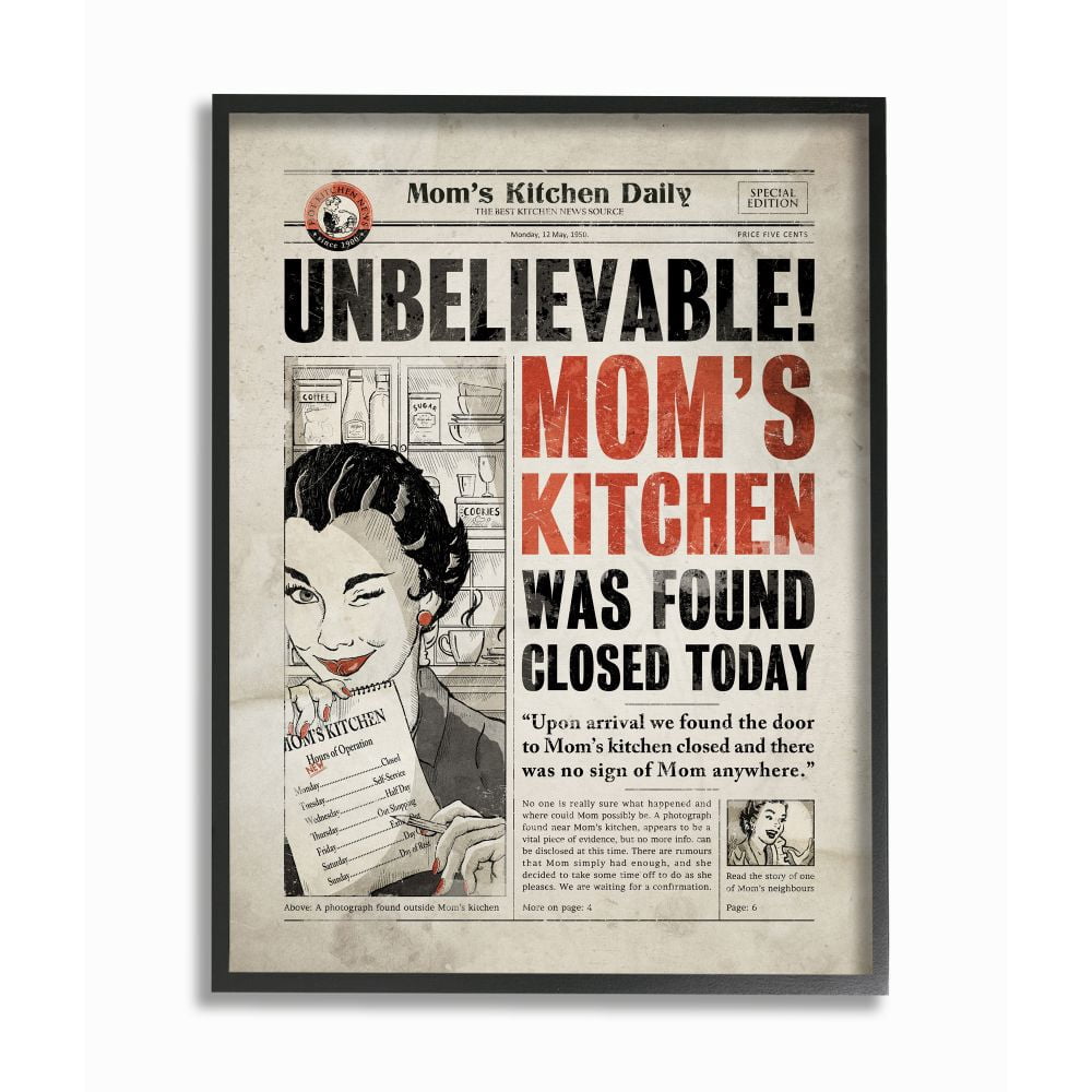 Stupell Industries Mom's Kitchen Funny Newspaper Vintage Comic Book Design Framed Wall Art by Ester Kay