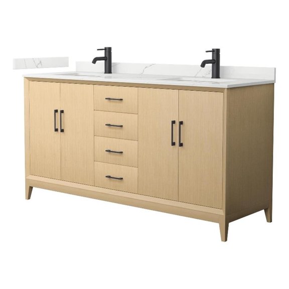 Janna 66" White Oak Double Vanity & Giotto Quartz Top (1-Hole) & Black Trim