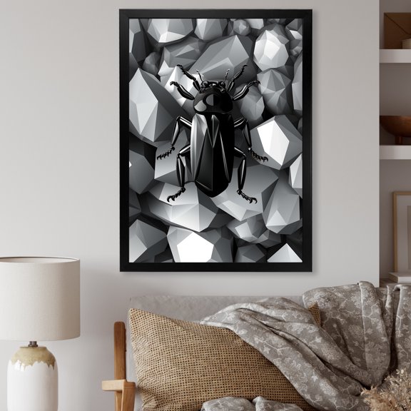 Designart "Rocks and Bugs in Black and Grey I" Animals Framed Wall Art - Modern Grey Insects & Bugs Bedroom Framed Canvas Wall Art