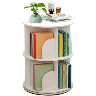 2-Tier Revolving Bookcase,360°Display Floor Standing Rotating Storage Bookshelf, Round Spinning Bookshelf Multi-Functional Bookshelf Organizer for Kids and Adults(White)