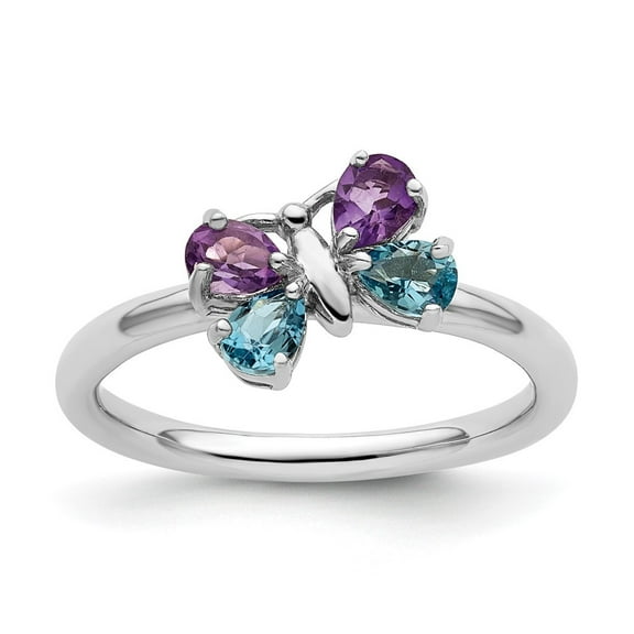 Auriga Fine Jewelry 925 Sterling Silver Polished Blue Topaz and Amethyst Butterfly Ring for Women Size 10