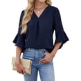 thumbnail image 2 of Women'S 3/4 Length Sleeve Tops Summer Dressy Casual Blouses Work Shirts Chiffon V Neck Outfits Navy Blue M, 2 of 9