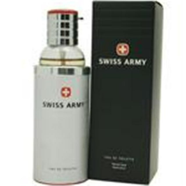 Swiss Army By Swiss Army Edt Cologne Spray 3.4 Oz, a sleek silver bottle with a red Swiss Army logo and metallic cap, displayed next to its black packaging. This Eau De Toilette offers a refreshing, oriental, and woody fragrance with citrus, lavender, sweet spice, and woodsy notes, ideal for men and suitable for various occasions.