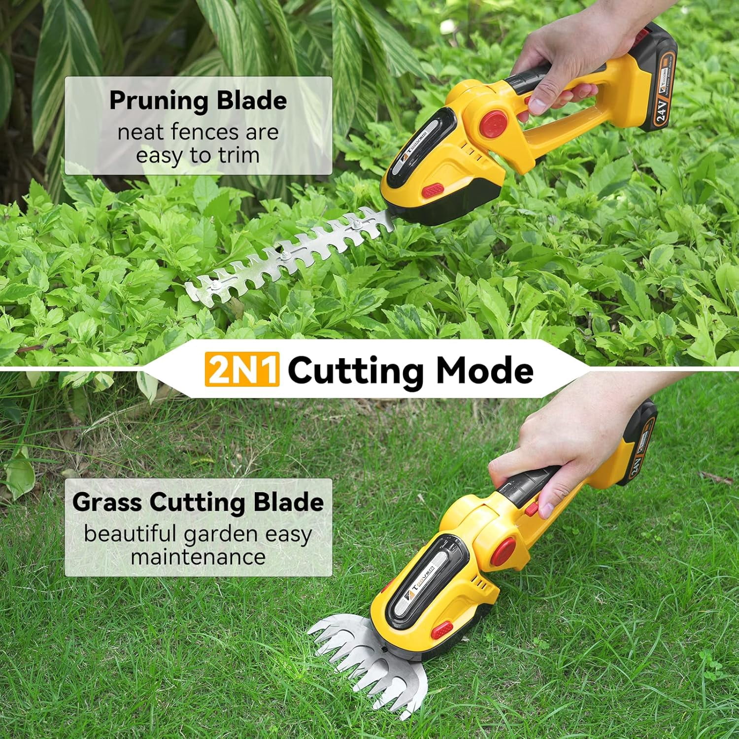 Cordless Hedge Trimmer & Grass Shear 2-in-1 with 2 Batteries, 24V Electric Garden Tool for Lawn and Shrubbery