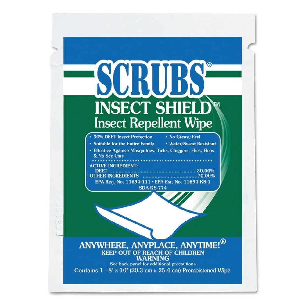 SCRUBS Insect Shield Insect Repellent Wipes, 8 x 10, White, 100/Carton