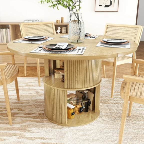 Round Dining Table for 4-6 People, 47 Inches Kitchen Dining Table with 2-Layer Storage Shelf for Dining Room, Kitchen, Living Room, Natural(Table Only)