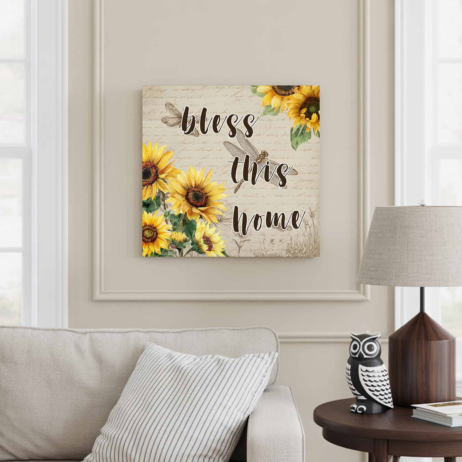 Blesses This Home Framed Canvas Wall Art, Sunflower Floral Dragonflies Farm Vintage Wall Art Painting for Living Room Bedroom Home Decor, 12”x12”, Office Artwork Print