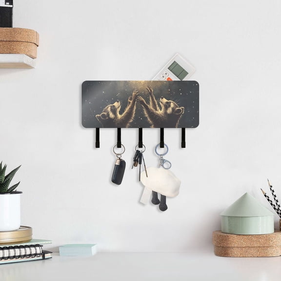 Raccoons and Moon Key Holder for Wall Mail Holder Organizer with 5 Key Hooks Wall Mount Key Rack with Shelf