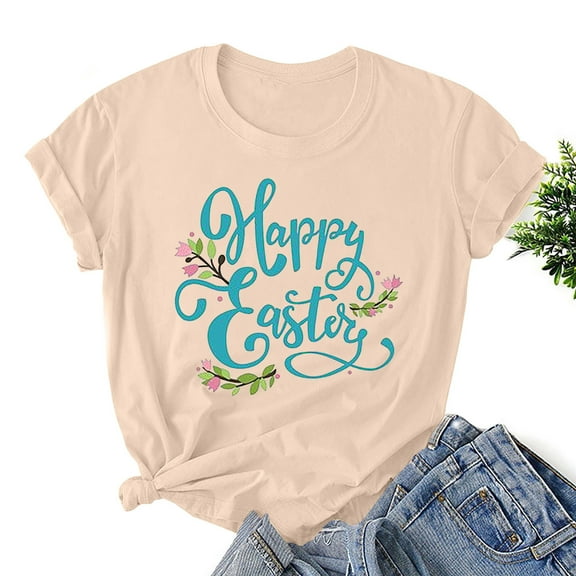 Levmjia Women Easter Bunny T-Shirt Rabbit Graphic Tees Tops Women's Easter Printed Round Neck Short Sleeved T-shirt Loose Top
