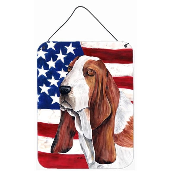 12 x 16 in. Usa American Flag With Basset Hound Aluminium Metal Wall Or Door Hanging Prints