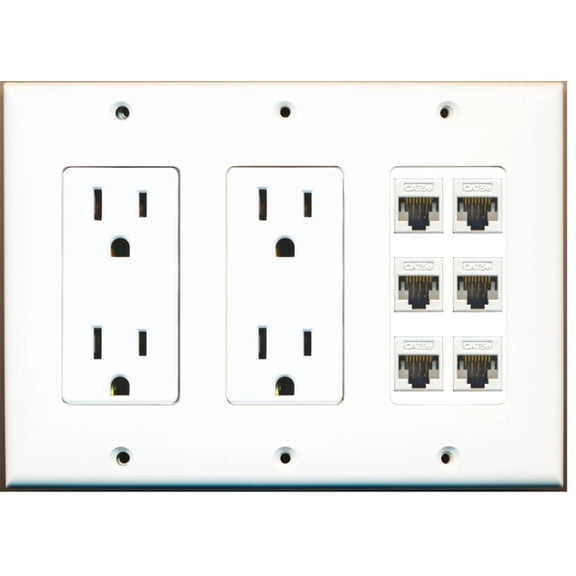 Ultra Spec Cables 6 Port Cat5e Ethernet F/F Wall Plate w/Dual Power Outlet