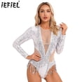 thumbnail image 2 of Traje de baile latino para mujer, traje de lentejuelas brillantes de manga larga con borlas, leotardo, Ropa de baile, mono transparente con cuello falso y espalda abierta, 2 of 5
