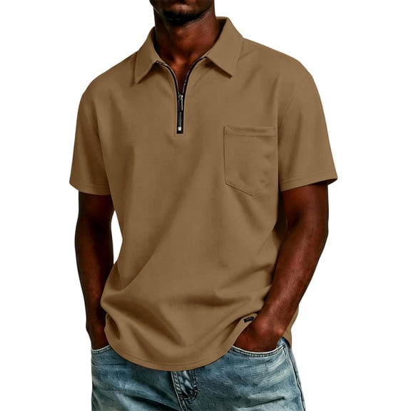 Fabrcox Mens Short Sleeve Polo Shirts Quarter Zip Collared Shirts for Men Regular Fit Solid Color Athletic Casual Business Men Golf Shirt with Pockets Khaki XL