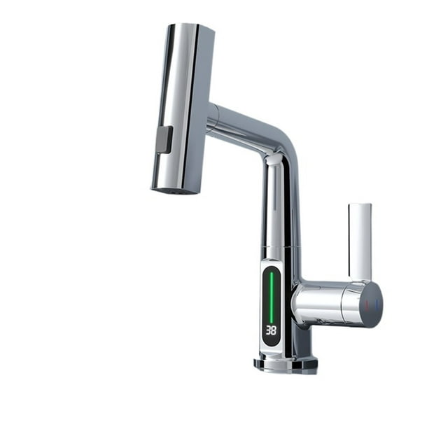Waterfall Pull Out Kitchen Faucet, White Intelligent Digital Display Cold Hot Mixer Taps, Rotatable Sink Lifting Basin Faucet ,Easy to Install