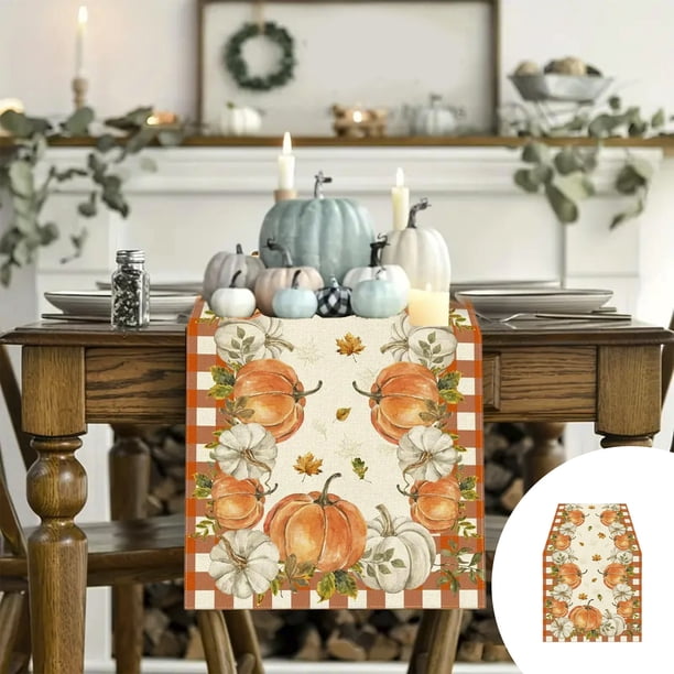 Fall Table Runner Polyester Harvest Thanksgiving Decor, Autumn Pumpkin Maple Leaf Kitchen Dining Table Decorations for Home Party Seasonal Holiday