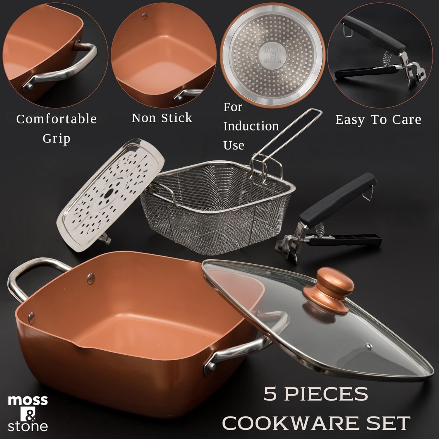 Copper Chef Cookware Set, 5 Pcs Non Stick Deep Frying Pan, Fry Basket, Steamer , Dishwasher Safe