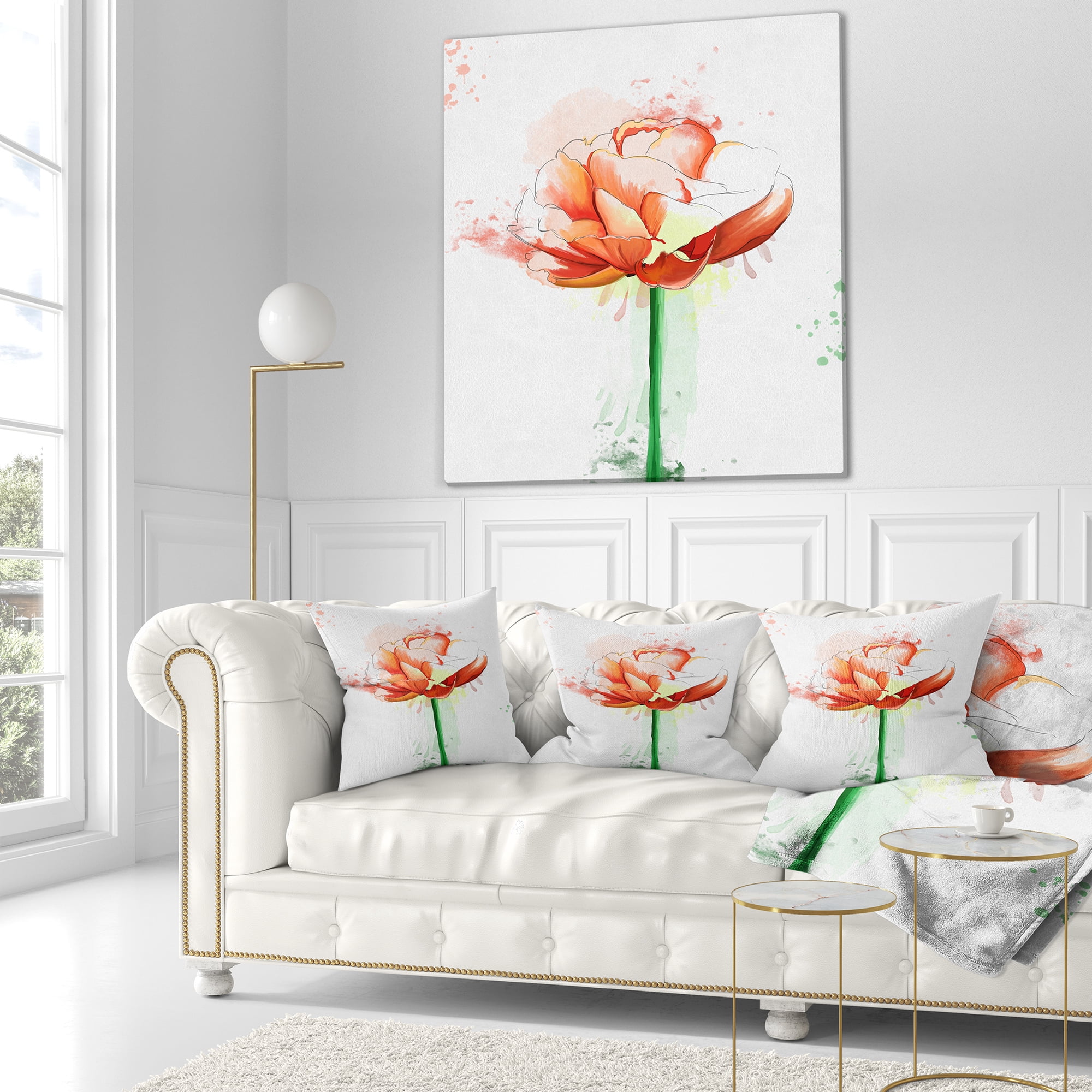 Designart Rose with Stem and Paint Splashes - Floral Throw Pillow - 16x16
