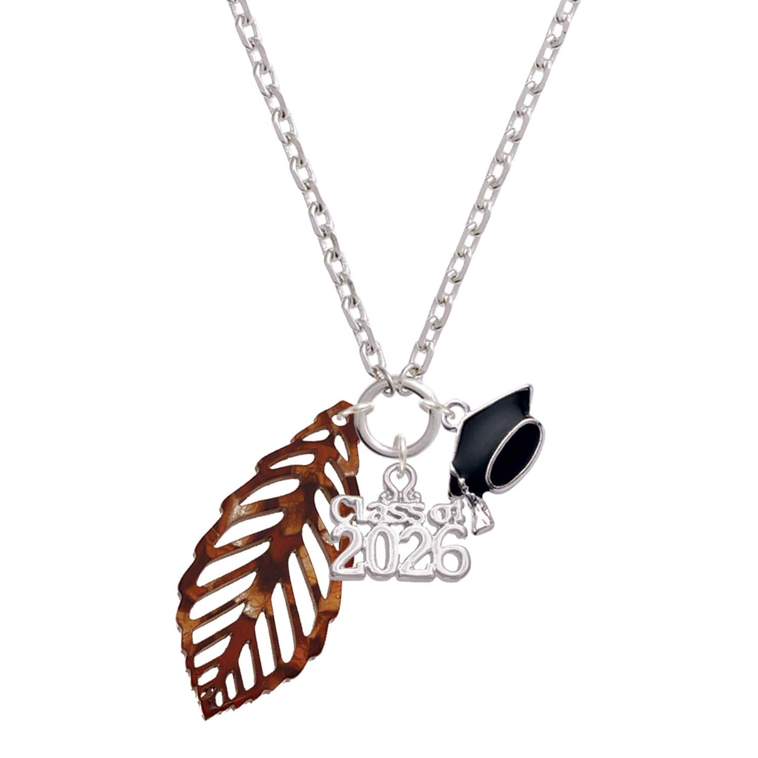 Delight Jewelry Acrylic Large Leaf Pearly Brown - Silvertone Class of 2026 Graduation Zoey Charm Necklace, 28"