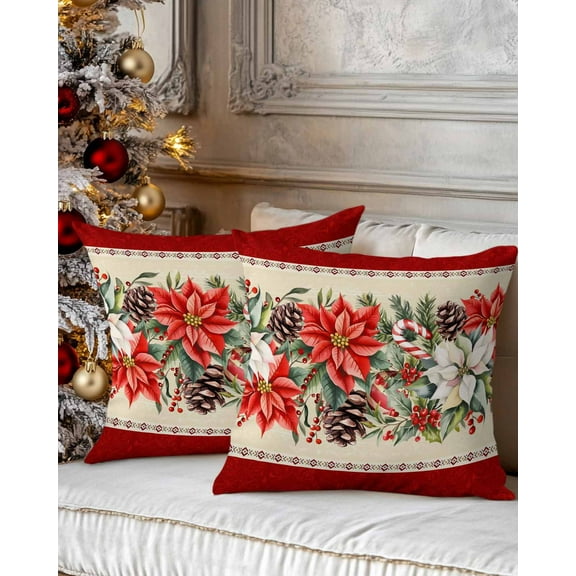 Christmas Decorative Throw Pillow Covers 20x20 Inch Set of 2 Poinsettia Red Berry Pillow Cases for Couch, Christmas Floral Cushion Case for Living Room Bedroom Bed Car Chair