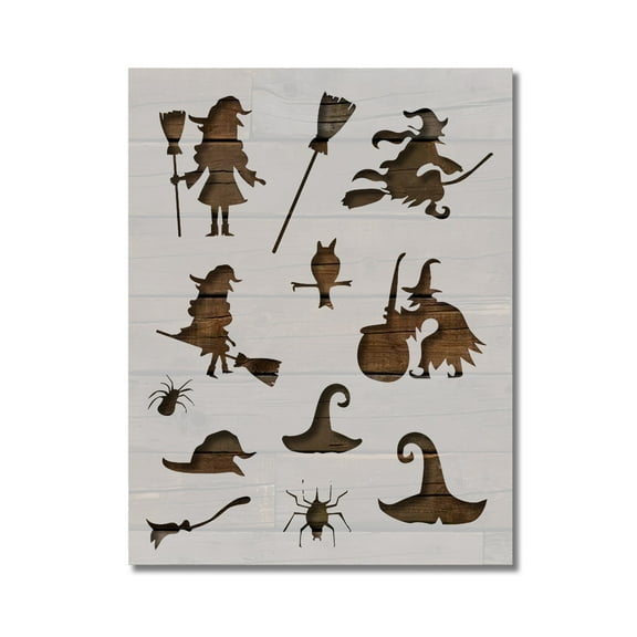 Halloween Witch Hats Brooms Spiders Stencil Template Reusable 8.5 x 11 Inches for Painting on Walls, Wood, Arts and Crafts by Stencilville