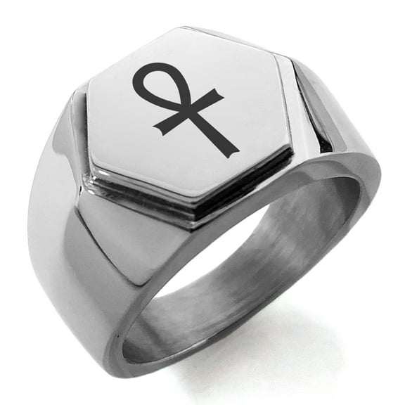 Stainless Steel Egyptian Ankh Cross Engraved Hexagon Crest Flat Top Biker Style Polished Ring