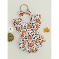 thumbnail image 3 of vera natura Infant Baby Girl Halloween Jumpsuit with Bow Headband Pumpkin Print Flutter Sleeve Square Neck Romper, 3 of 8