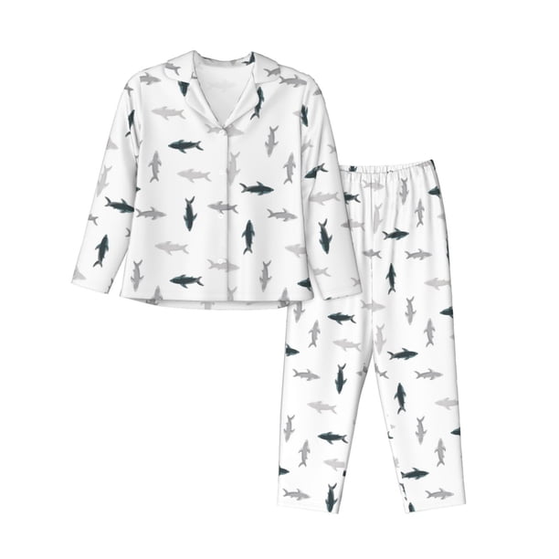 Fotbe Cute Shark Conjunto de Pijama de Manga Larga para Mujer con Estampado, Ropa de Dormir de 2 Piezas, Conjunto de Casa Suave y Cómodo con Bolsillos-Medium