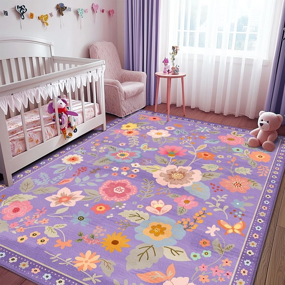 RELEANY Floral Nursery 5x7 Area Rugs Washable Print Boho Cute Carpet Non Slip Flower Low Pile for Living Room Kids Girls Playroom