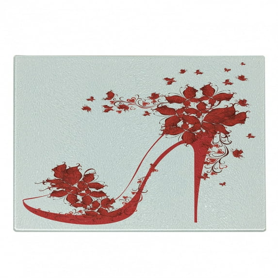 High Heels Cutting Board, High Heel Shoes with Butterfly and Floral Ornaments Girlish, Decorative Tempered Glass Cutting and Serving Board, in 3 Sizes, by Ambesonne