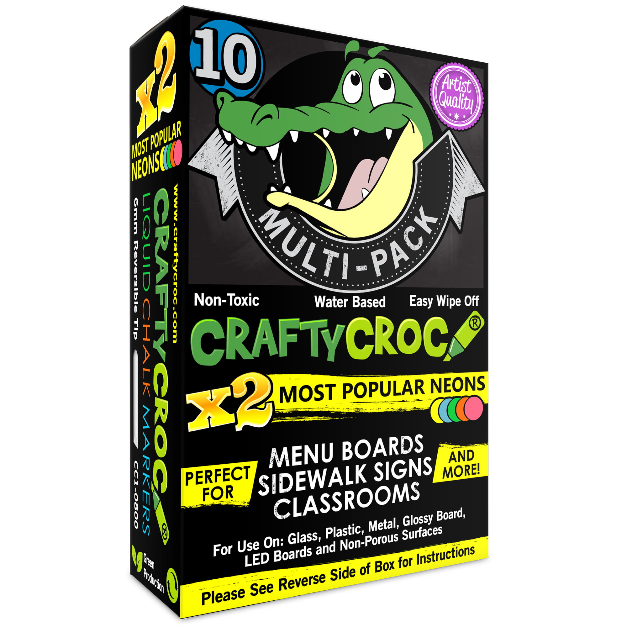 Crafty Croc Liquid Chalk Markers, 10 Pack of Neon Chalk Pens, for Nonporous