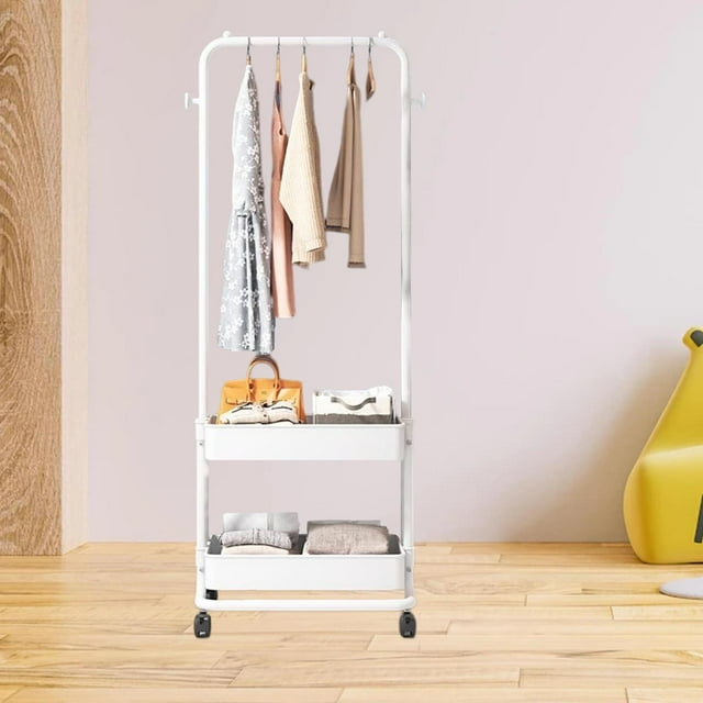 Clothes Rack with Wheels Garment Rack Laundry Cart with Hanging Rack for Bedroom White