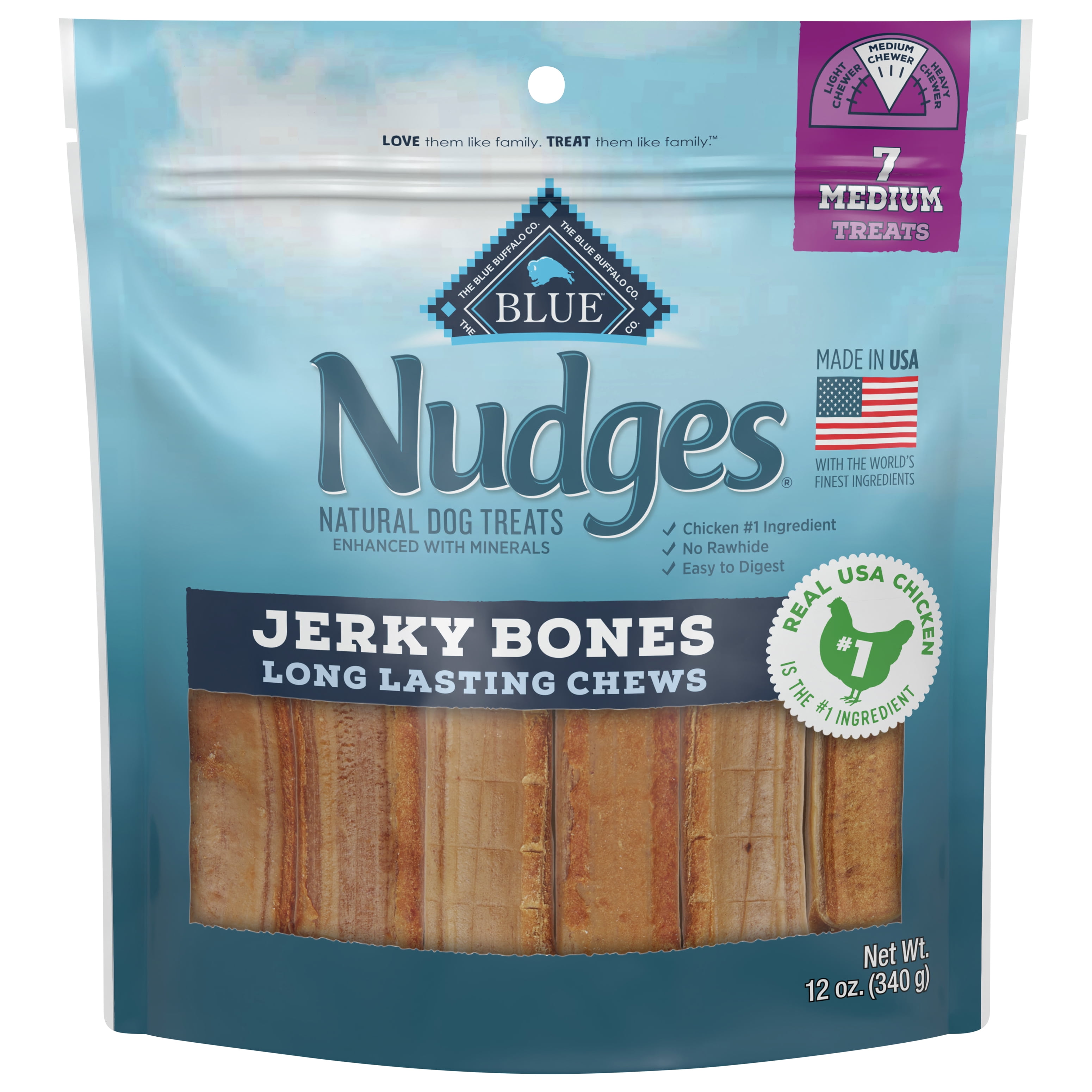 Blue Buffalo Nudges Jerky Bones Natural Dog Bones, Chicken, 12oz Bag