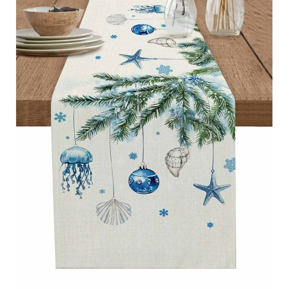 Boanket Blue Coastal Christmas Table Runner - 70 Inch Long, Kitchen Dining Table Runner Dresser Scarves, Xmas Botanical Starfish Rustic Farmhouse Home Decor for Coffee Table Wedding Party Banquet