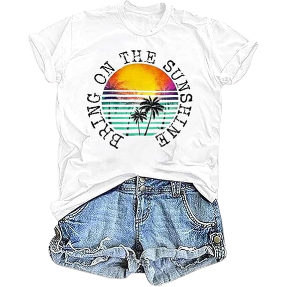 Short Sleeve Womens T Shirts Hawaii Print Vacation Spring Tops Loose Fit Crew Neck 2026 Fashion Summer Tees