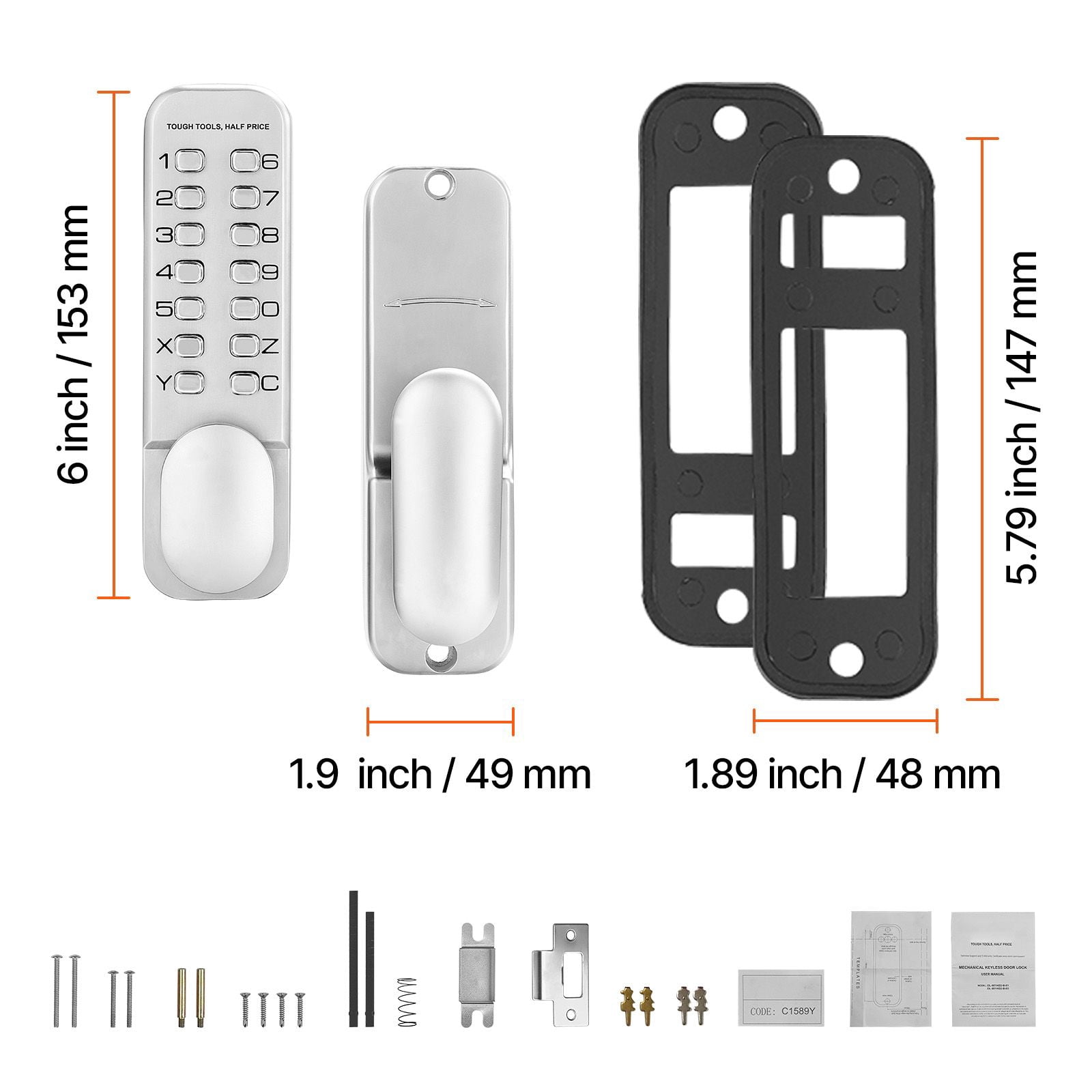 Mechanical Combination Door Lock, Keyless Entry with Adjustable Handles, Surface Mount 1.4-2.5 Inch Door Compatibility, Zinc Alloy, No Batteries for Gate Garden Garage