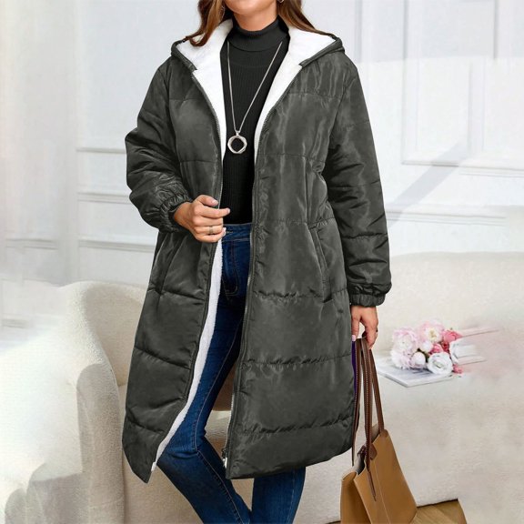 FDGIU Women's Slim Fit Puffer Coat - Attached Hood Zip Front, Lightweight Warm Long Jacket for Cold Weather Outdoor