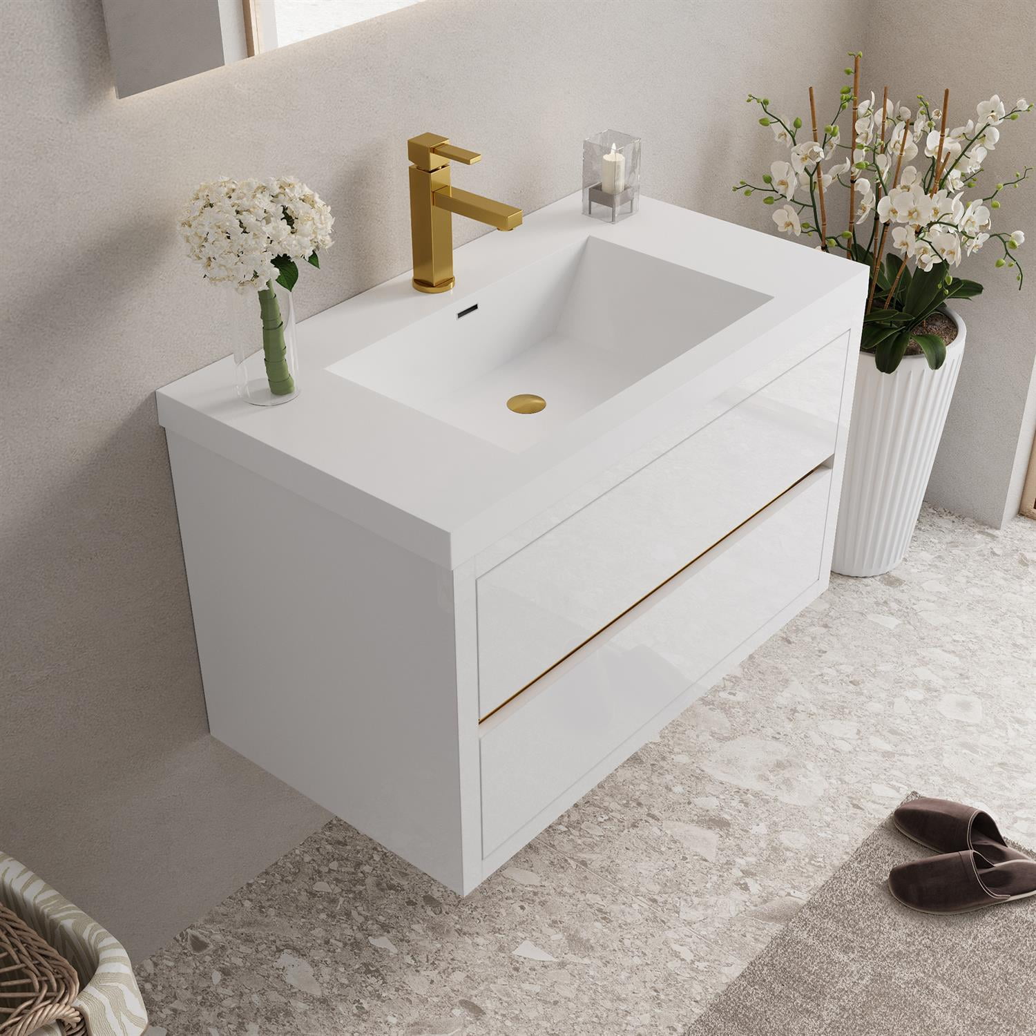 Demi Bonn 35" Wall-Mounted Bathroom Vanity with Sink, Stone Resin Countertop and 2 Soft Close Drawers, Faucets and Drains Not Included, White