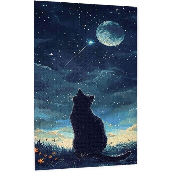 Jigsaw Puzzle 500 Pieces For Adults Cat Kitten Oil Painting Starry Night Sky Formation Wooden Diy Families Toys Home Funny Wall Art Gift Puzzles 20.4 X 14.9 In