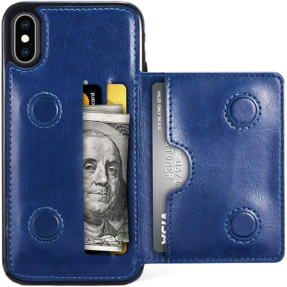 Card Slot Holder Wallet Case for iPhone Xs iPhone X, Premium PU Leather Case Kickstand with Hidden Magnetic Closure Flip Durable Shockproof Protective Cover for iPhone Xs/iPhone X - Blue