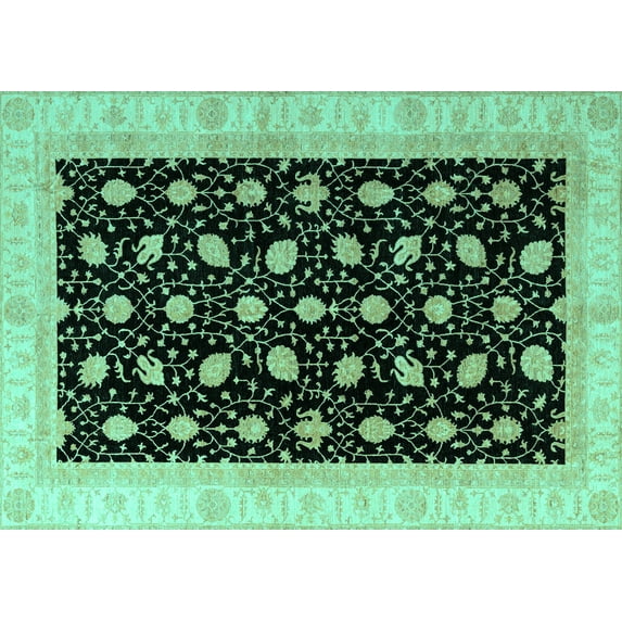 Ahgly Company Machine Washable Indoor Rectangle Oriental Turquoise Blue Modern Area Rugs, 6' x 9'