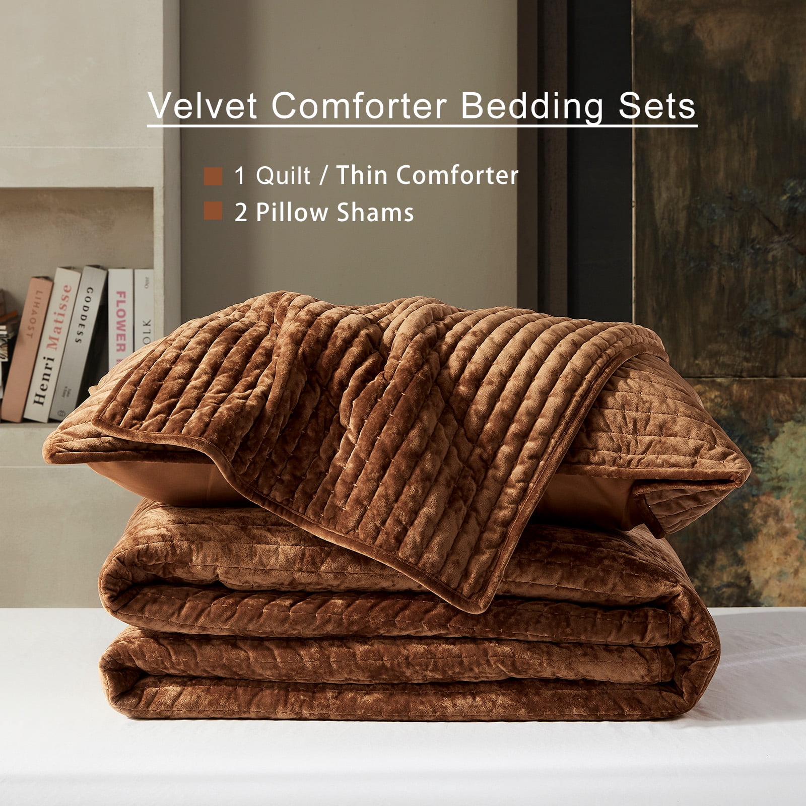 Luxury Velvet Quilt Set King Size 98''x106'', Ultra-Soft Striped Channel Comforter with Exquisite Rice Stitch Detailing, Lightweight All-Season Bedspread Coverlet w/ 2 Shams, Caramel/Brown