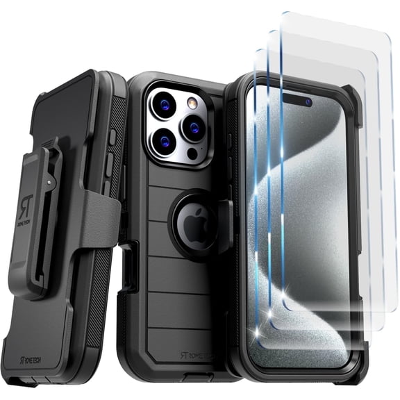 Rome Tech for Apple iPhone 16 Pro Case with Belt Clip Holster & Kickstand, 3-Pack Screen Protector Tempered Glass, Protective Dual-Layer Shockproof Phone Case for iPhone 16 Pro - Black