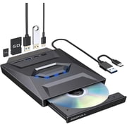 ROOFULL External CD DVD Drive USB 3.0 and USB-C CD ROM Burner DVD Player with USB Hub and SD Card Reader, Portable